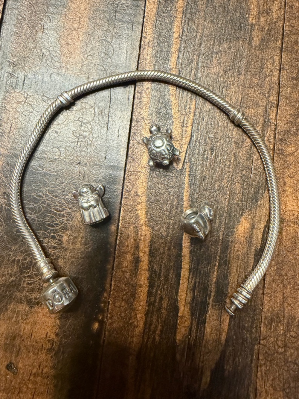Pandora Silver Bracelet with Three Charms - Angel, Cat & Turtle